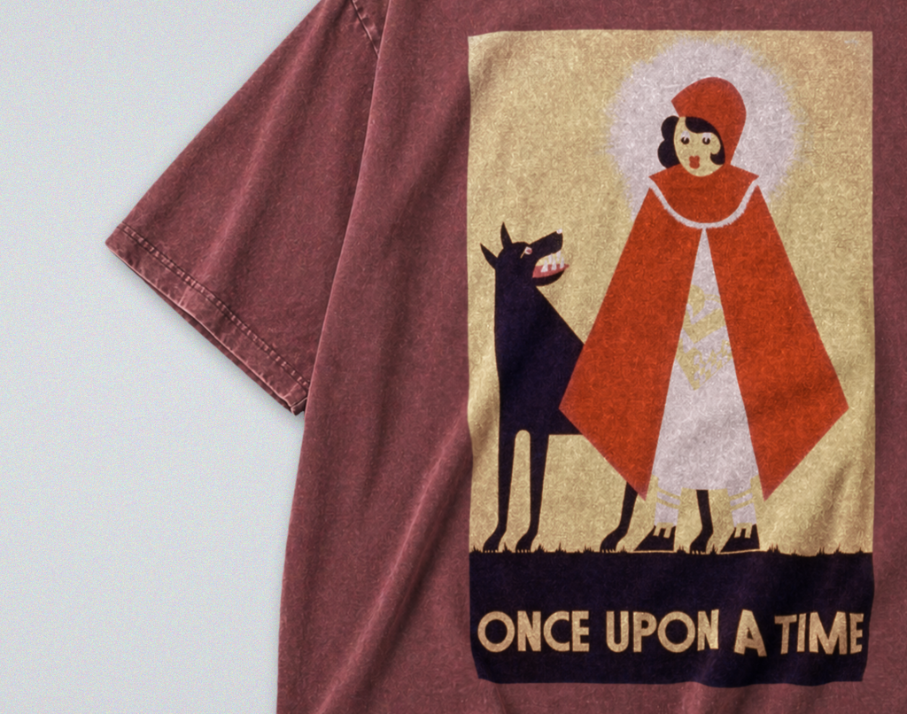 Oversized Snow Washed Cotton Tee - Red Riding Hood & Big Bad Wolf Print