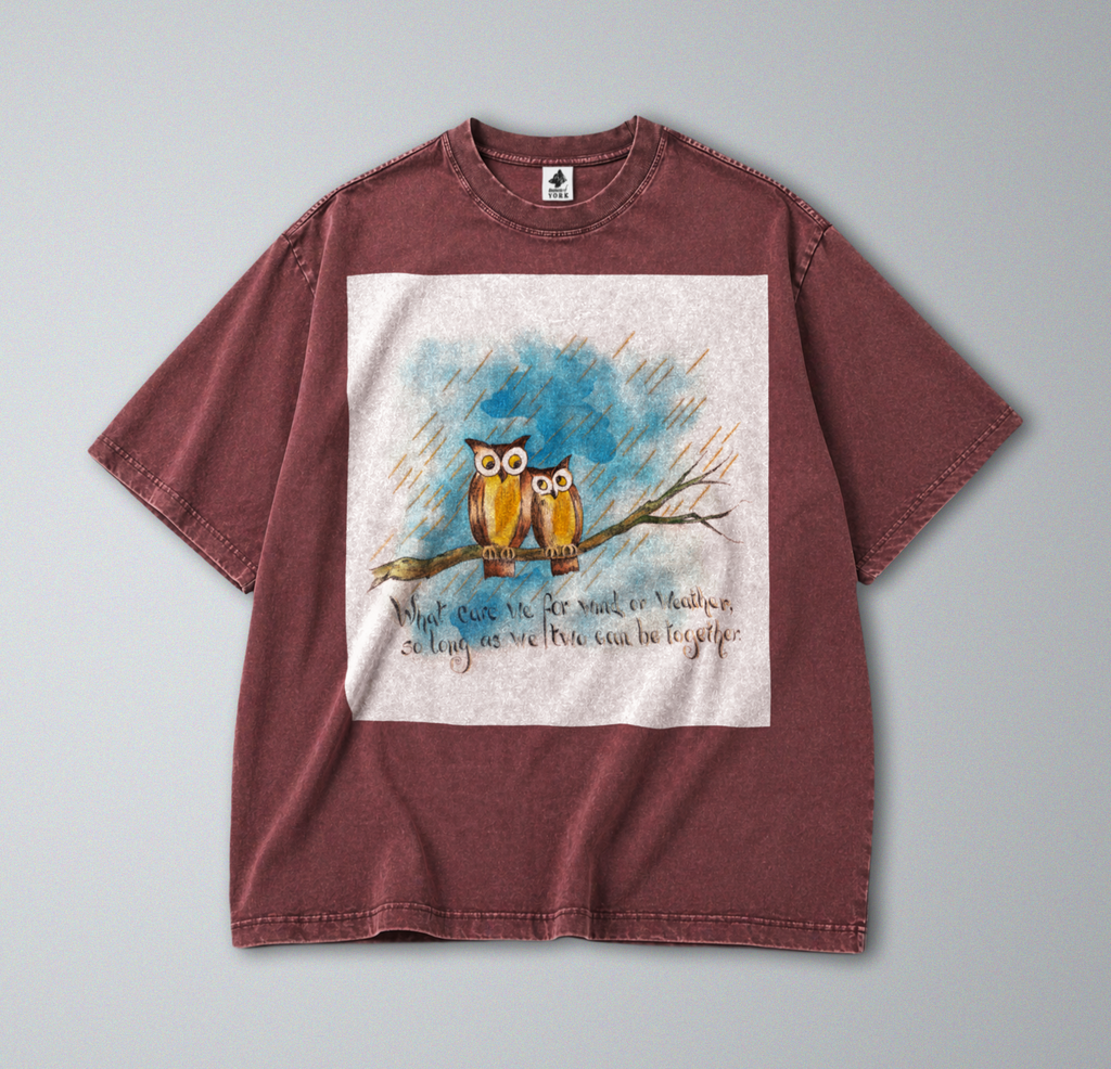 Oversized Snow Washed Cotton Tee - Owls in the Rain with Poem Print