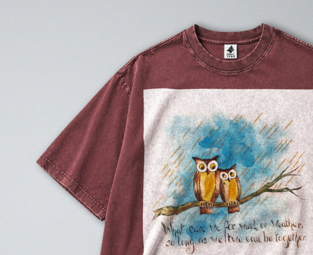 Oversized Snow Washed Cotton Tee - Owls in the Rain with Poem Print