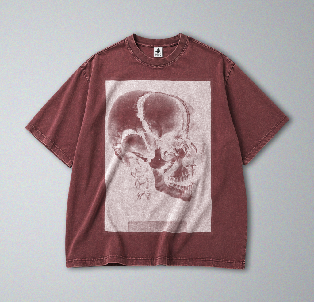 Oversized Snow Washed Cotton Tee - Human Skull Print