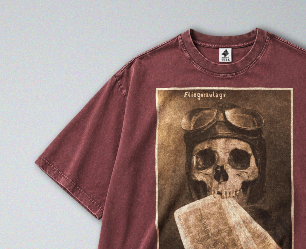 Oversized Snow Washed Cotton Tee - WW1 Memento Mori Print